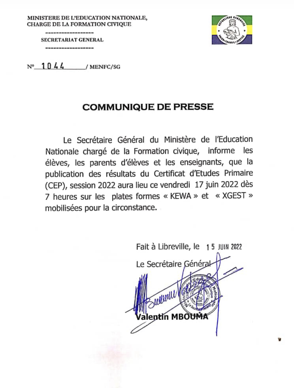 L’annonce du secrétaire général 