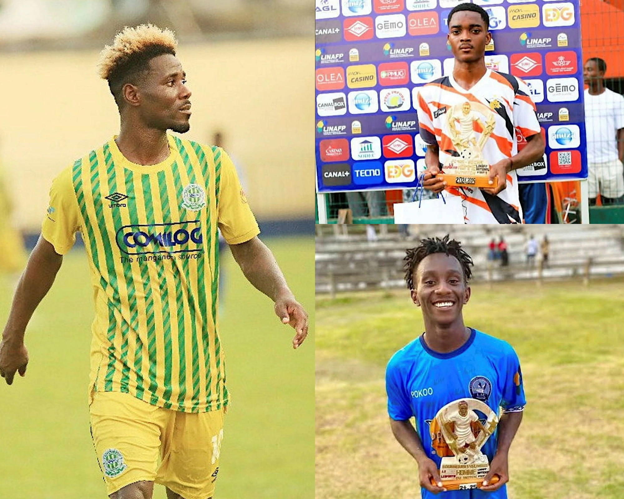 Samson Mbingui (G) part avec une longueur d’avance sur Derrick Assoumou Obame ( C), le milieu de terrain du FC 105 et Prince Mouelé (D), le milieu de terrain de Lambarené AC. © DR