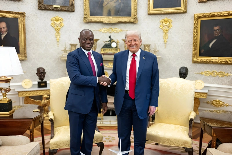 Franche poignée de main en les président Brice Clotaire Oligui Nguema et Donal Trump à l’ouverture du sommet USA-Afrique. © DR