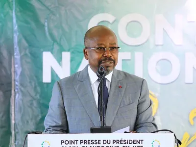 Alain-Claude Bilie-By-Nze lors de sa conférence de presse du 29 avril 2025 | DR