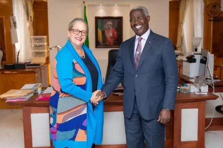 Poignée de main entre le Premier ministre, Raymond Ndong Sima, et la représentante du Système des Nations unies, Savina Ammassari.