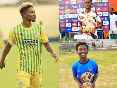 Samson Mbingui (G) part avec une longueur d’avance sur Derrick Assoumou Obame ( C), le milieu de terrain du FC 105 et Prince Mouelé (D), le milieu de terrain de Lambarené AC. © DR