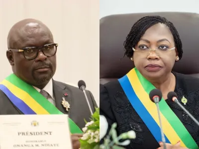 Le président de l’Assemblée nationale, Michel Régis Onanga Ndiaye, sa collègue et du Sénat, Huguette Nyana Ekoume- Awori Onanga, ouvrant les travaux de la seconde session ordinaire du Parlement.