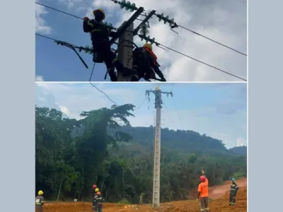 Axe Oyem-Medzeng : début d'implantation des poteaux électriques haute tension.