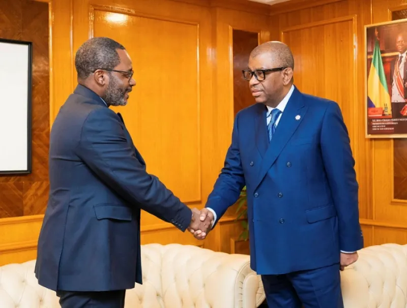 Alexandre Barro Chambrier lors de son entretien avec le président du CAPS, Gabriel Mbaga Obiang Lima. © DR