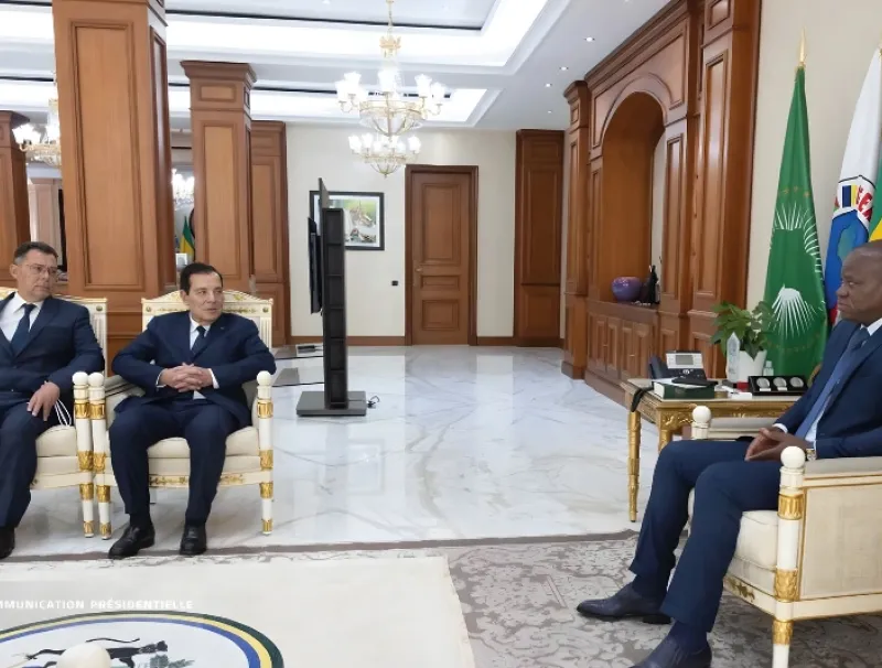 Brice Clotaire Oligui Nguema, président du Gabon, Adnan Houdrouge, président-directeur général du groupe Mercure International of Monaco et Jean-Marc Chalon, directeur général de Sodigab Mbolo