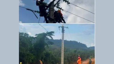 Axe Oyem-Medzeng : début d'implantation des poteaux électriques haute tension.